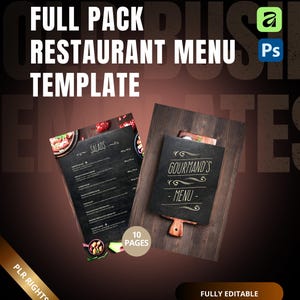 Puede incluir: Una plantilla de menú de restaurante con el texto "FULL PACK RESTAURANT MENU TEMPLATE" en blanco. La imagen muestra dos diseños de menú, uno con "SALADS" y otro con "GOURMAND'S - MENU". El diseño incluye un fondo de madera y el texto "FULLY EDITABLE".