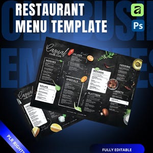 Puede incluir: Una plantilla de menú de restaurante con un diseño de pizarra. El menú presenta secciones para entremeses, sopas, ensaladas, especiales, tablas, fuentes, arenque y dulces. El texto "Restaurant Menu Template" está en la parte superior.