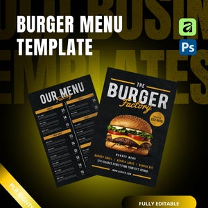 Puede incluir: Dos plantillas de menú de hamburguesas en negro y amarillo. Una presenta un menú con precios, la otra muestra una imagen de hamburguesa y el texto "The Burger Factory". El texto "Burger Menu Template" está en la parte superior.