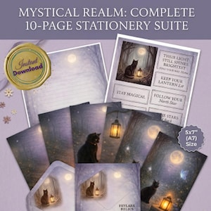 Mystical Cat Stationary Set, Printable Midnight Forest Writing Paper and 5x7 Cards, Purple Moonlit Cat Note Cards, Digital Download