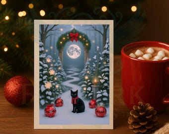 Printable Christmas Card, Magical Black Cat Holiday Card, Mystical Woodland Christmas, Whimsical Folded Greeting Card, Instant Download 5x7