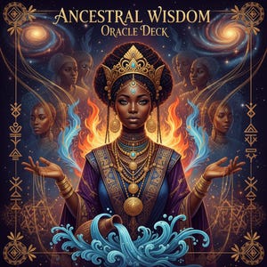 Puede incluir: Ilustración para una baraja de oráculo titulada "Ancestral Wisdom Oracle Deck". La obra presenta a una mujer adornada con joyas de oro y una corona, con elementos de llamas y agua. El fondo incluye imágenes y figuras celestiales.