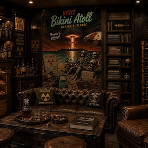 May include: A dimly lit room with a vintage theme, featuring a leather sofa, wooden furniture, and a large poster that reads "Visit Bikini Atoll." The room includes a bar, bookshelves, and a coffee table with a book titled "The Bomb."