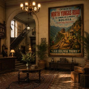 May include: An interior shot of a hotel lobby with a vintage aesthetic. A large poster advertises "North Yungas Road" in Bolivia. The lobby features a reception desk, a staircase, and a round table with a vase of flowers. Luggage is stacked near a luggage cart.