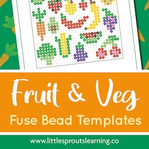 May include: A printable "Fruit & Veg Fuse Bead Template" with a grid of colorful beads arranged to resemble various fruits and vegetables. The design includes images of apples, grapes, and bananas. The template is on a white background with an orange and green border.