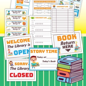 May include: Printable set of pretend play library signs and cards. The set includes signs for "Welcome the Library is Open", "Sorry the Library is Closed", "Story Time", "Book Return Here", and "Checkout Log". There are also printable library cards and overdue book notices.