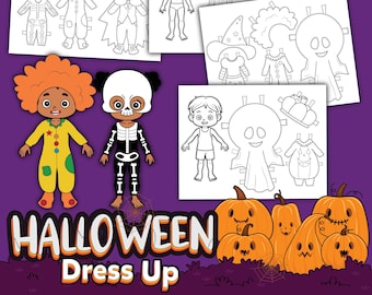 May include: A printable Halloween dress-up paper doll set with a skeleton, ghost, witch, and clown. The paper dolls are surrounded by pumpkins and the text "HALLOWEEN Dress Up".