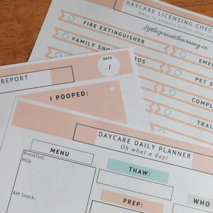 May include: A printable daycare daily planner checklist with sections for "Thaw", "Prep", and "Who". The checklist also includes a section for a daily report and a menu.