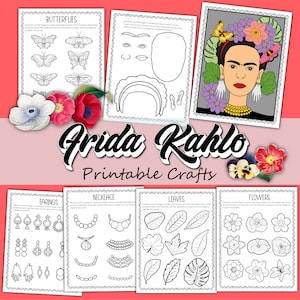 May include: Black and white printable crafts featuring Frida Kahlo. The crafts include cut-out images of butterflies, earrings, necklaces, leaves, and flowers. The images are designed to be cut out and assembled into a craft project.