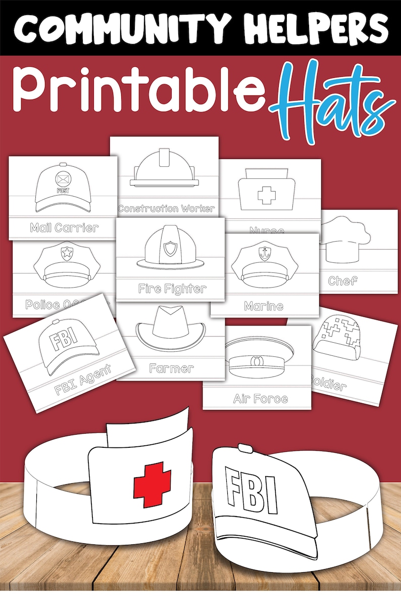 May include: Printable coloring page set of hats for community helpers. The hats include a mail carrier, construction worker, nurse, police officer, firefighter, marine, chef, FBI agent, farmer, air force, and soldier.