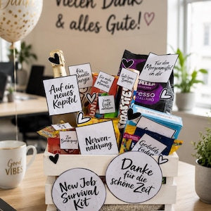 New Job Survival Kit Geschenk Kollege Abschiedsgeschenk Jobwechsel Etiketten PDF DIY Geschenkkorb Versetzung Kündigung Team Abschied