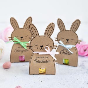 Può includere: Tre scatole regalo a forma di coniglietto in cartone marrone con facce e orecchie disegnate. Ogni scatola ha un nastro colorato e contiene caramelle. Il testo sulle scatole recita "Ostergrüße", "Ein Gruß vom Osterhasen" e "Frohe Ostern".