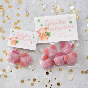 Op de afbeelding: Twee kleine zakjes roze varkensvormige snoepjes, elk met een decoratief kaartje. De kaarten tonen een cartoonvarken met een klavertjevier, de woorden "Glücksschweine" en "Viel Glück fürs neue Jahr" in roze.