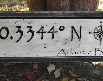 Personalized Latitude Longitude Wood Sign with Nautical Compass and City State FRAMED - Handmade Wooden Rustic Decor
