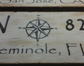 Customized Latitude Longitude Wood Coordinate Sign With Nautical Compass - Hand Crafted Wood Decor