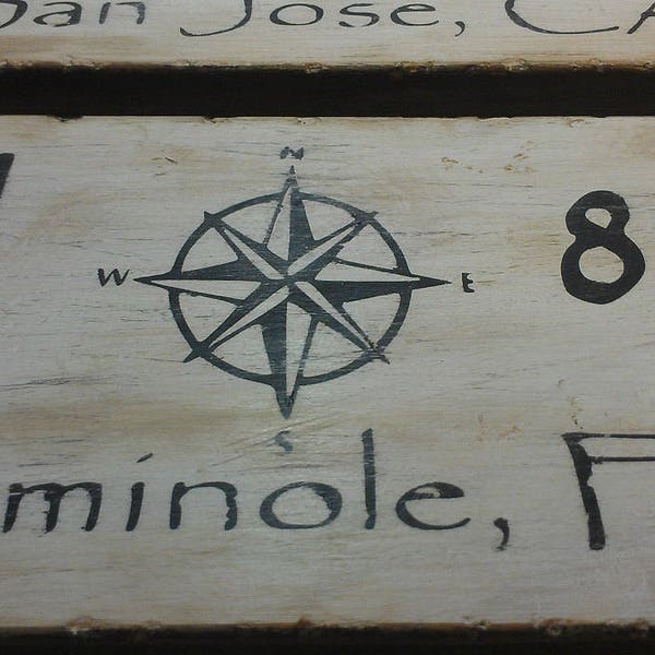 Customized Latitude Longitude Wood Coordinate Sign With Nautical Compass - Hand Crafted Wood Decor