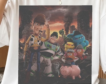 Animated Toy Gang Apocalypse Scene Funny Parody Design, Cartoon Friends Squad Battle Theme Clipart, Humor Movie Fan Art Sublimation PNG