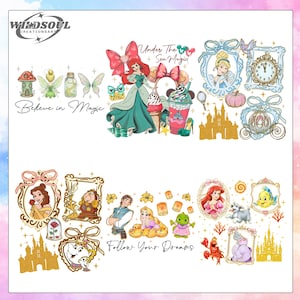 May include: A collection of colorful illustrations featuring Disney princesses and related imagery. The designs include characters like Ariel, Cinderella, and Belle, along with castles, clocks, and other themed elements. Text includes "Believe in Magic" and "Follow Your Dreams."