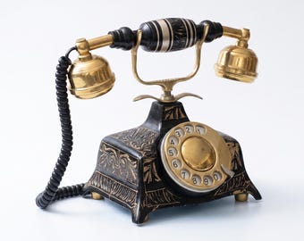 Vintage Wählscheibe Telefon - Schwarz & Gold Antik Stil Schreibtisch Telefon.