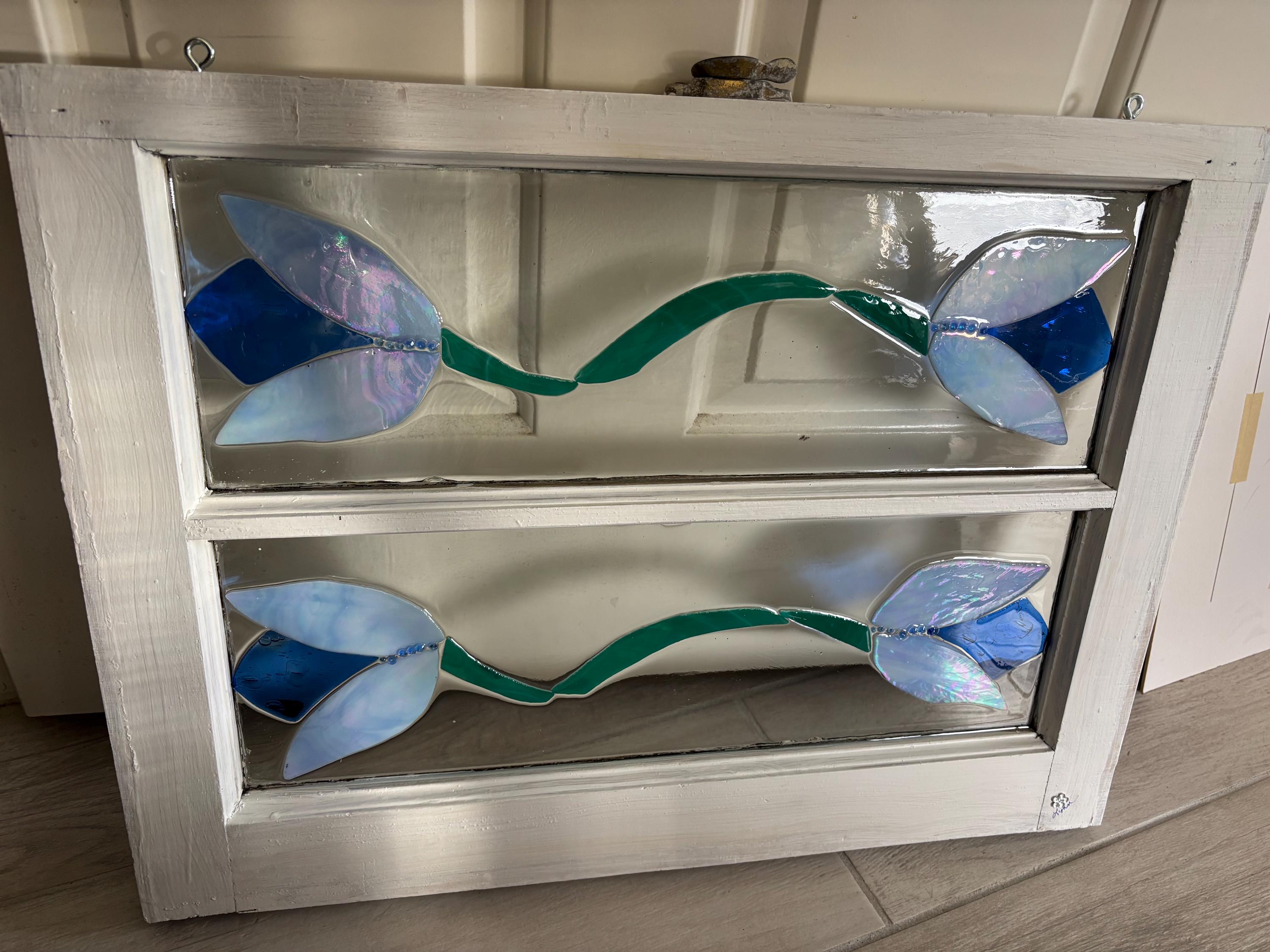 Upcycled Double Pane Transom Window Stained Glass Blue Tulips