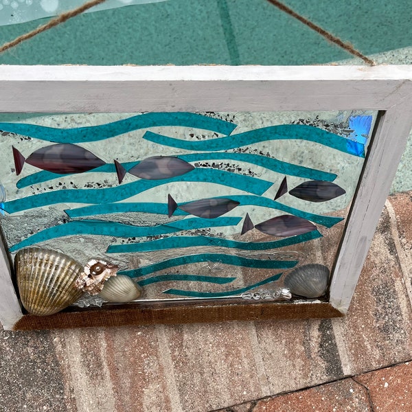 Stained Glass Ocean Coastal School of Fish Window