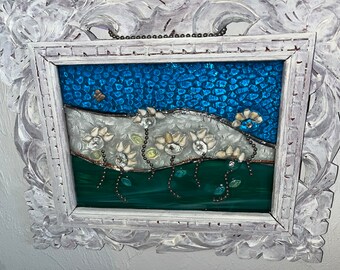 Stained Glass Flower Garden scenic Window w/ Ornate Carved Wood Frame