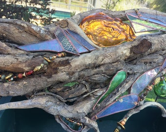 Driftwood Textured Copper Foiled Stained Glass Mother Nature Sculpture