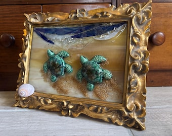 Stained Glass Ceramic Turtles heading to Sea Framed Window
