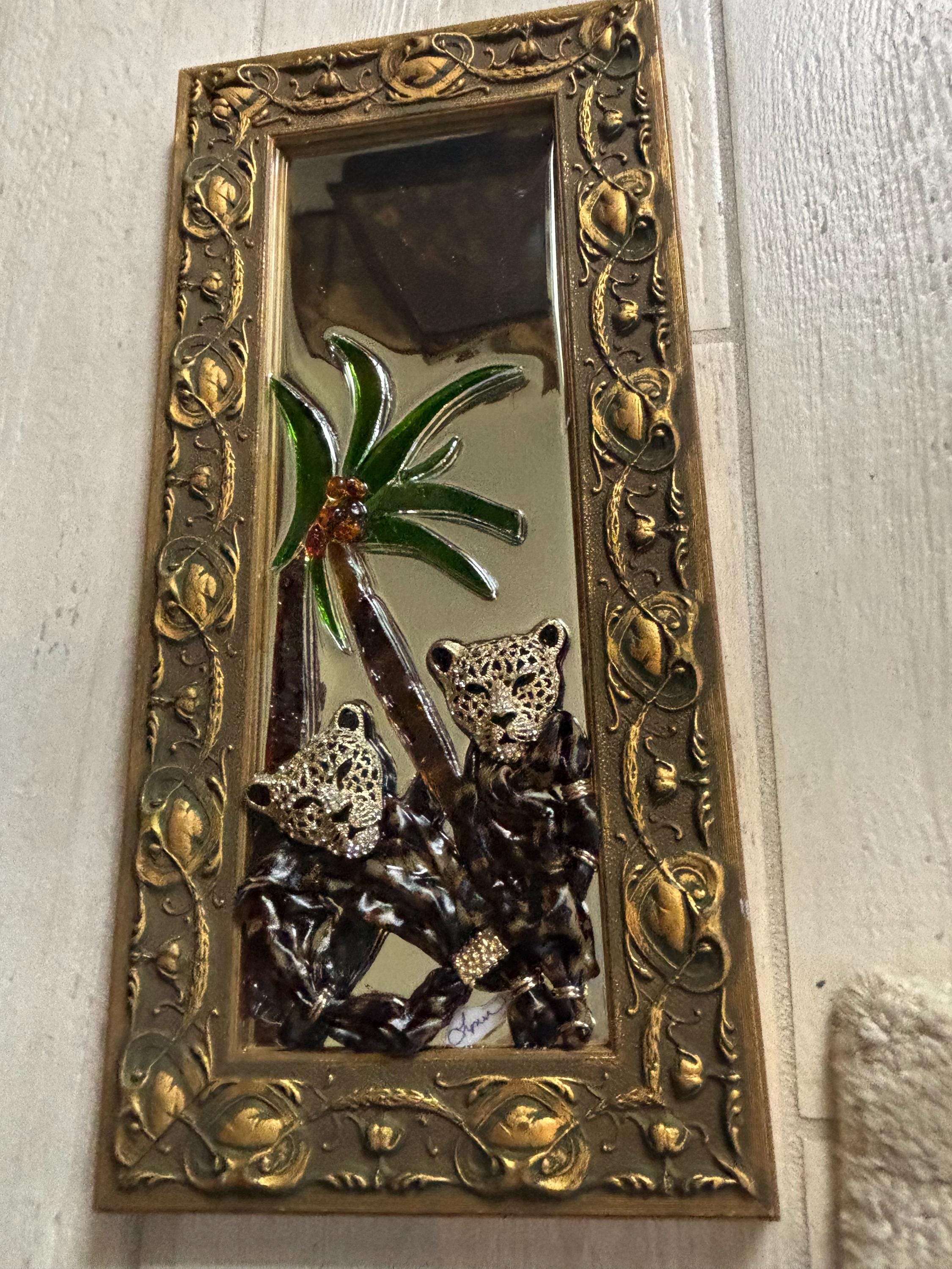 Art Nouveau Tropical Leopards Big Cats Stained Glass Mirror