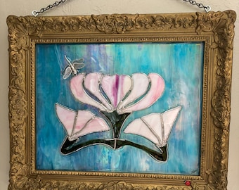 Stained Glass Art Nouveau designed Lotus Blossom Wall window Art