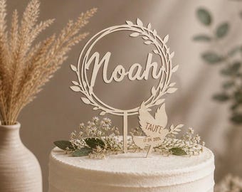 Cake Topper Taufe personalisiert mit Name I Tortenstecker Taufe Junge & Mädchen I Holz Deko Tauftorte I Tauf Topper Taube I