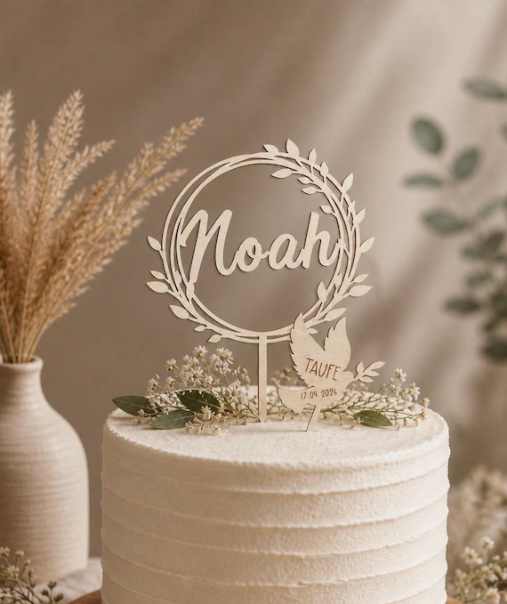Cake Topper Taufe personalisiert mit Name I Tortenstecker Taufe Junge & Mädchen I Holz Deko Tauftorte I Tauf Topper Taube I