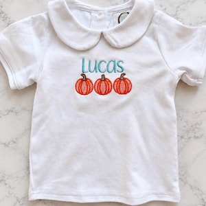 Puede incluir: Una camiseta blanca de manga corta con cuello redondo tipo bebé. La parte delantera presenta un diseño bordado de tres calabazas naranjas con tallos marrones, situadas bajo el nombre Lucas cosido en hilo azul claro en cursiva.