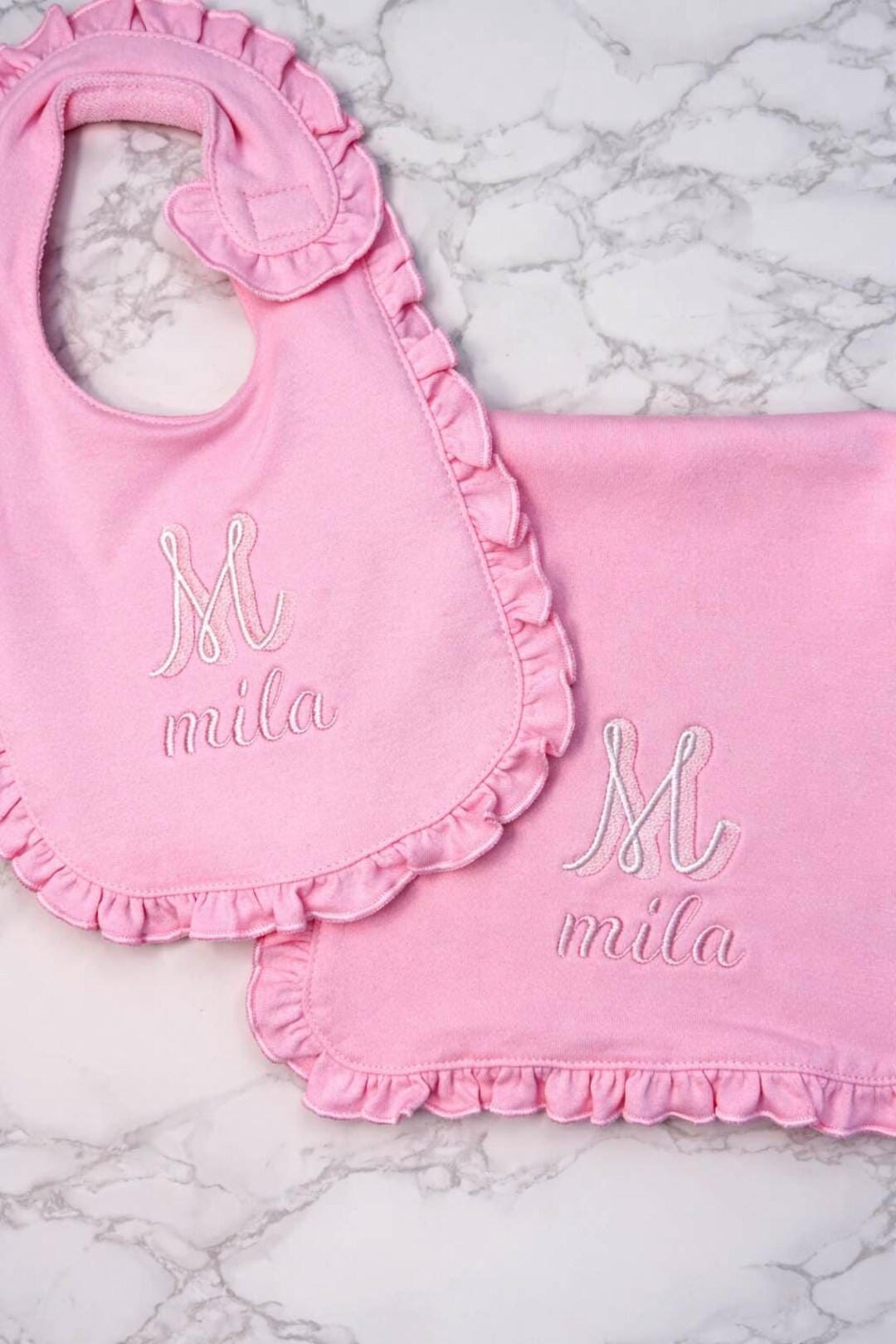 Pink Ruffle Bib Personalized Baby Bib Burp Cloth Pink Set Custom Embroidery Cotton ...