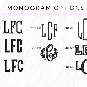 Pode incluir: Uma tabela intitulada MONOGRAM OPTIONS exibindo oito estilos diferentes de fontes bordadas em preto para as letras LFC ou LCF. Cada estilo &eacute; rotulado com um n&uacute;mero de fonte de 27 a 34, mostrando v&aacute;rios designs de letras serifadas, sem serifa e manuscritas.