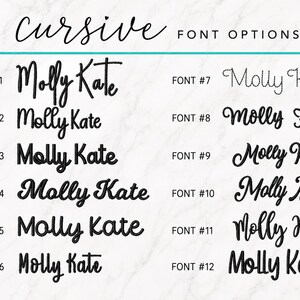 May include: A chart displaying twelve distinct black cursive font options for the name Molly Kate. Each style is numbered from one to twelve, arranged in two columns against a white background. The header reads cursive FONT OPTIONS.