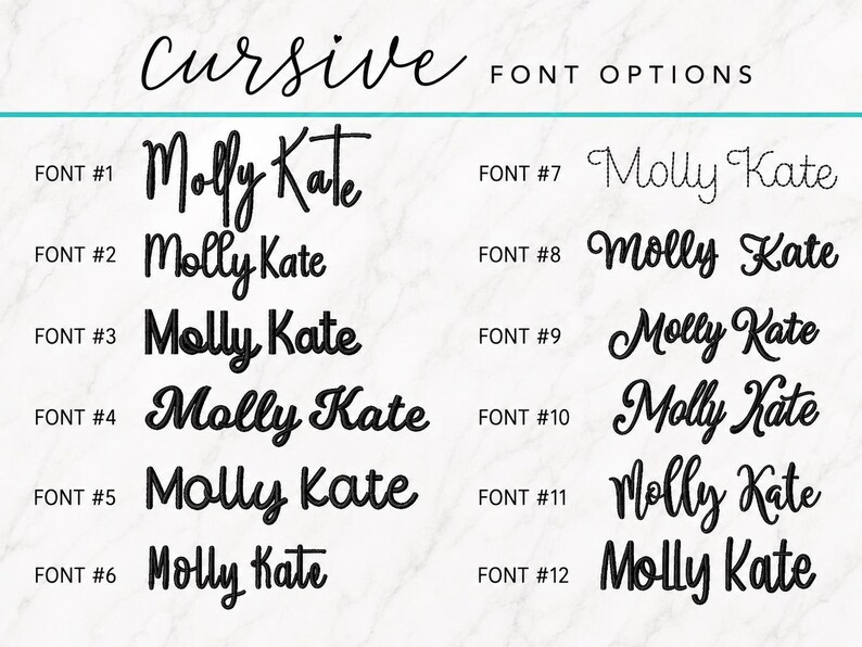 May include: A chart displaying twelve distinct black cursive font options for the name Molly Kate. Each style is numbered from one to twelve, arranged in two columns against a white background. The header reads cursive FONT OPTIONS.