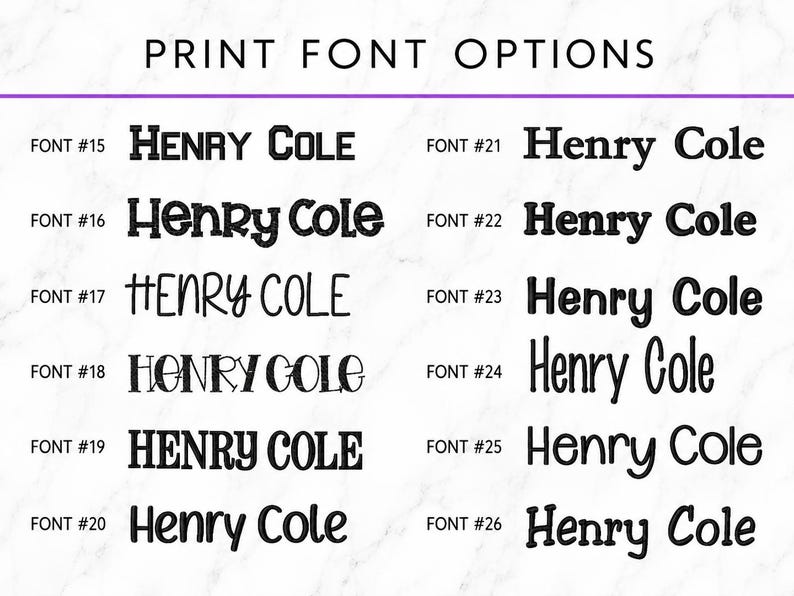 May include: A chart titled PRINT FONT OPTIONS displaying twelve distinct black typeface styles labeled from FONT #15 to FONT #26. Each option shows the name Henry Cole in a unique font style, arranged in two columns against a white background.