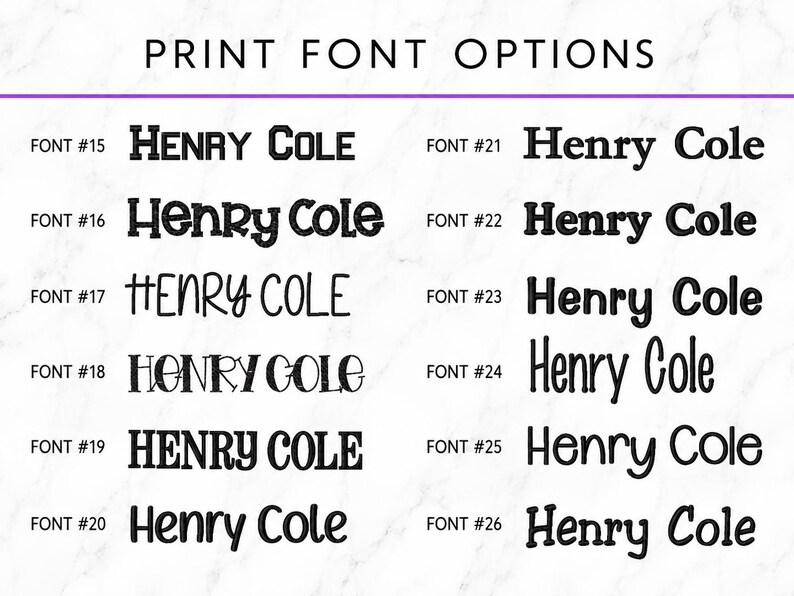 Pode incluir: Uma tabela intitulada PRINT FONT OPTIONS exibindo doze estilos de fonte pretos distintos rotulados de FONT #15 a FONT #26. Cada op&ccedil;&atilde;o mostra o nome Henry Cole em um estilo de fonte &uacute;nico, organizado em duas colunas sobre um fundo branco.