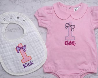 Pink Baby Romper First Birthday Outfit Personalized Name Embroidery Girl Celebration Photo Session Matching Bib Peter Pan Collar Design