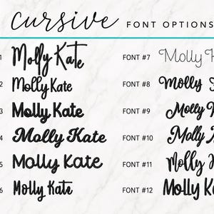 Pode incluir: Uma tabela exibindo doze op&ccedil;&otilde;es distintas de fontes cursivas pretas para o nome Molly Kate. Cada estilo &eacute; numerado de um a doze, organizado em duas colunas sobre um fundo branco. O cabe&ccedil;alho diz cursive FONT OPTIONS.