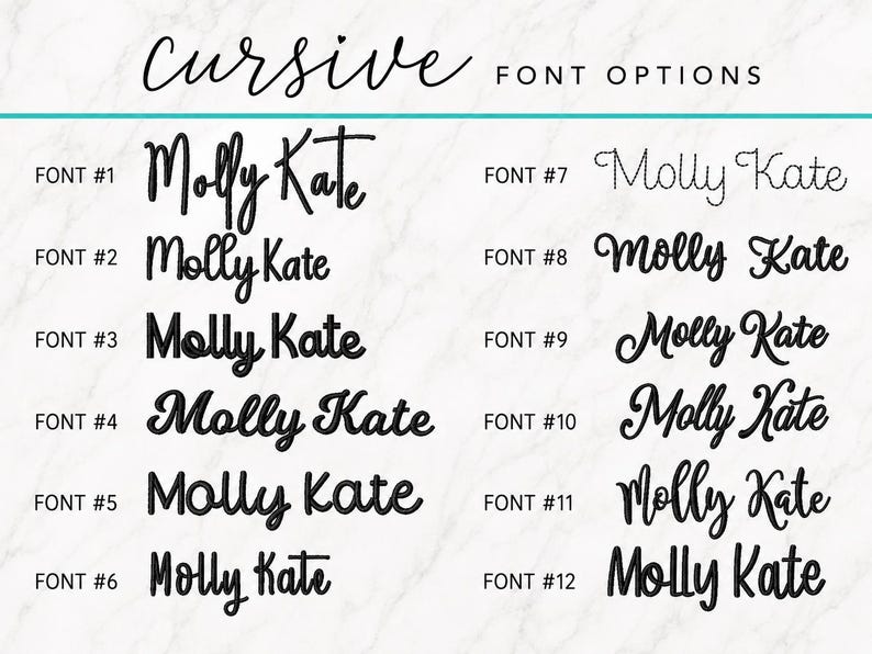 Pode incluir: Uma tabela exibindo doze op&ccedil;&otilde;es distintas de fontes cursivas pretas para o nome Molly Kate. Cada estilo &eacute; numerado de um a doze, organizado em duas colunas sobre um fundo branco. O cabe&ccedil;alho diz cursive FONT OPTIONS.