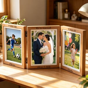 Personalized Folding Photo Frame, Custom Engraved Multi Panel Wooden Picture Frame, Collage Family Keepsake, Wedding Anniversary Gift