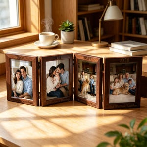 Personalized Folding Photo Frame, Custom Engraved Multi Panel Wooden Picture Frame, Collage Family Keepsake, Wedding Anniversary Gift