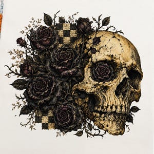 May include: A cream-colored t-shirt featuring a graphic print of a human skull surrounded by dark roses and a checkered pattern. The shirt has a crew neckline and a Comfort Colors brand label printed on the inside of the collar area.