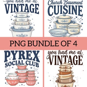 Op de afbeelding: Een PNG-bundel van vier afbeeldingen met vintage Pyrex-schalen. De afbeeldingen tonen stapels kommen en ovenschalen in verschillende kleuren en patronen, met tekstoverlays zoals "Vintage" en "Church Basement Cuisine."