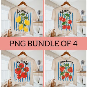 Peut inclure: Quatre t-shirts beiges avec des graphiques de fruits : citrons, cerises, tomates et fraises. Chaque chemise présente une illustration de fruit avec des rayures verticales bleues et le nom du fruit en noir. Le texte "PNG BUNDLE OF 4" est affiché.