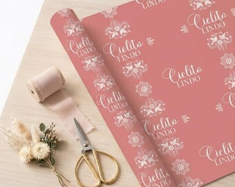 Papel de regalo floral Cielito Lindo / Rollo con estampado rosa coral para bebé niña