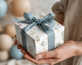 Papel de embrulho para chá de bebê com cegonha em aquarela | Papel de presente boho | Estampa para quarto de bebê