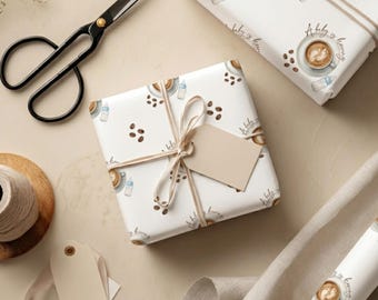 Papel de regalo para baby shower con temática de café para niño
